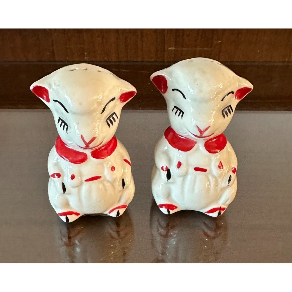 Vintage Salt and Pepper Shakers Shawnee Lamb Ceramic Sheep Set Red Accents 3 in
